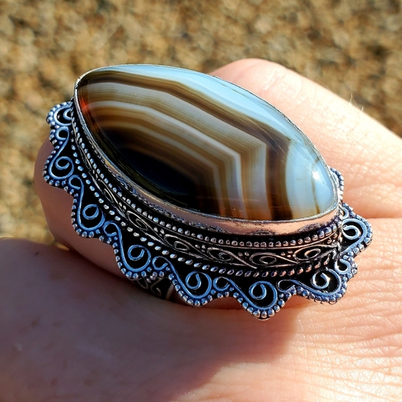 New Huge Botswana Agate Antique Design 925 Silver Statement Ring. - Picture 9 of 16